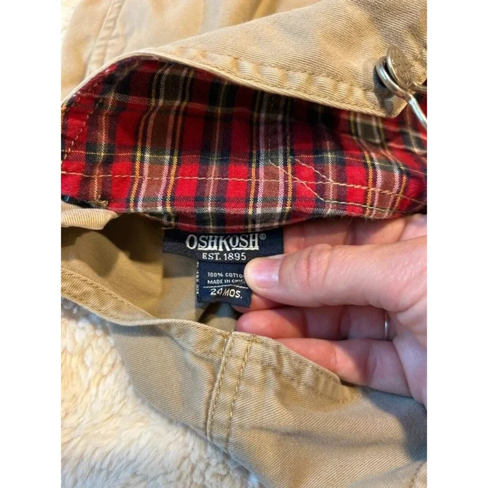 Vintage OshKosh 24M Boys Cargo Khaki Red Plaid Lined Overalls Fall Season